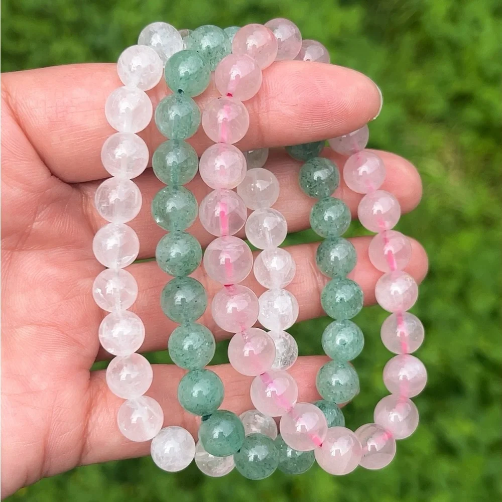 8mm stretchable‎ rose quartz, clear quartz, green strawberry quartz bracelet set
